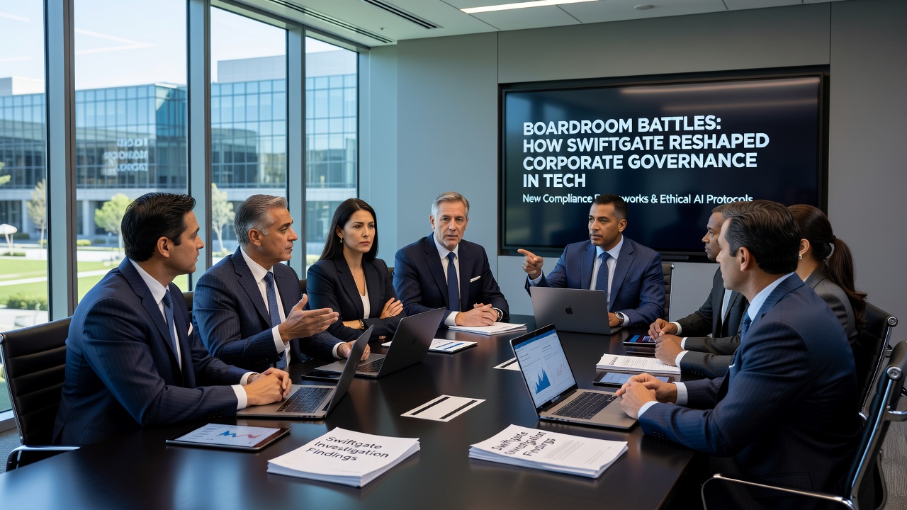 Diverse board members reviewing governance documents in a modern tech office