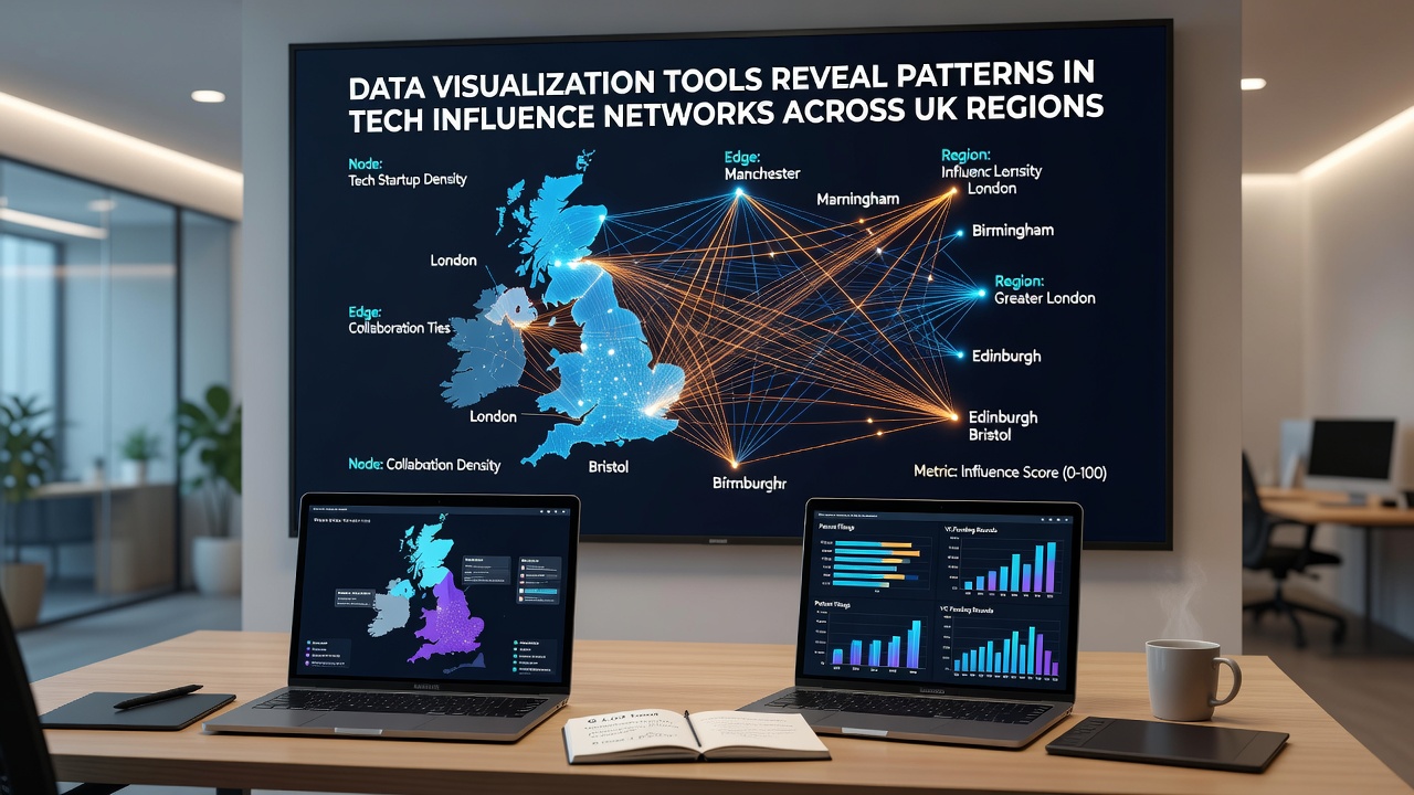 Geographic network graph illustrating tech influence connections between London, Manchester, Edinburgh and other UK cities with node sizes representing connection strength