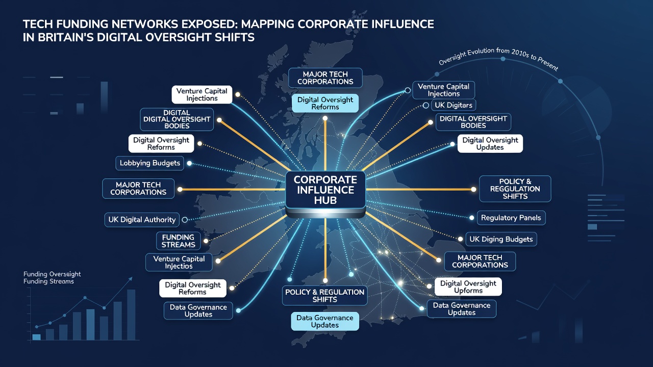 Diagram showing interconnected tech company contributions to British oversight committees and research institutes